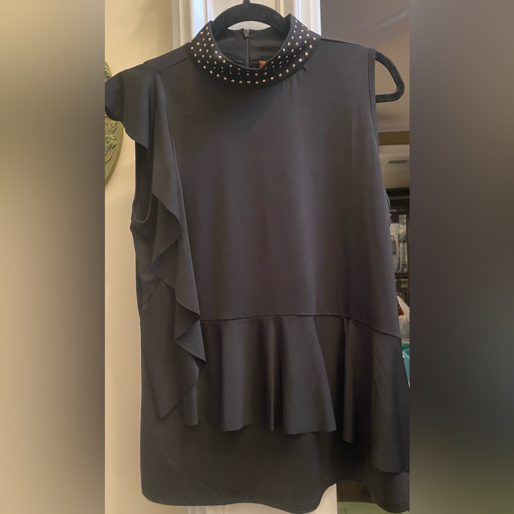 Belldini Classy black blouse with studded collar and ruffle accents